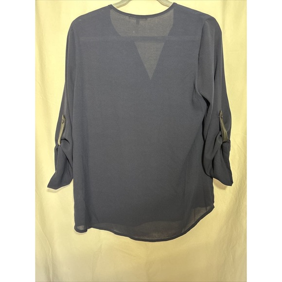 41 Hawthorn Womens Top Small Navy Blue Faux Leather Trim Roll Tab Sleeve EUC F10 - Picture 5 of 5